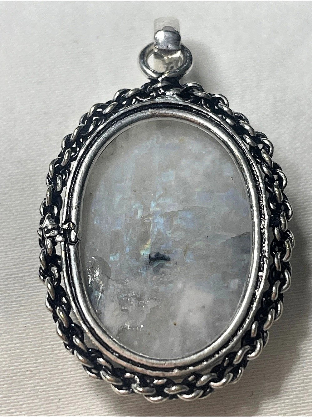 Oval Moonstone Gemstone White Pendant 1”x1” Hanger Engraved